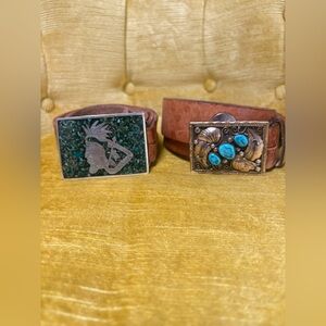 Sterling silver and turquoise Native American belt buckle and leather belts